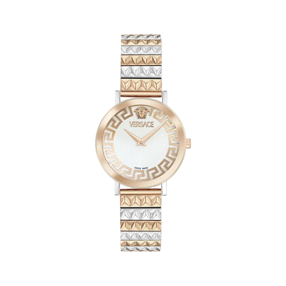 Versace watch with gold and silver band on a white background