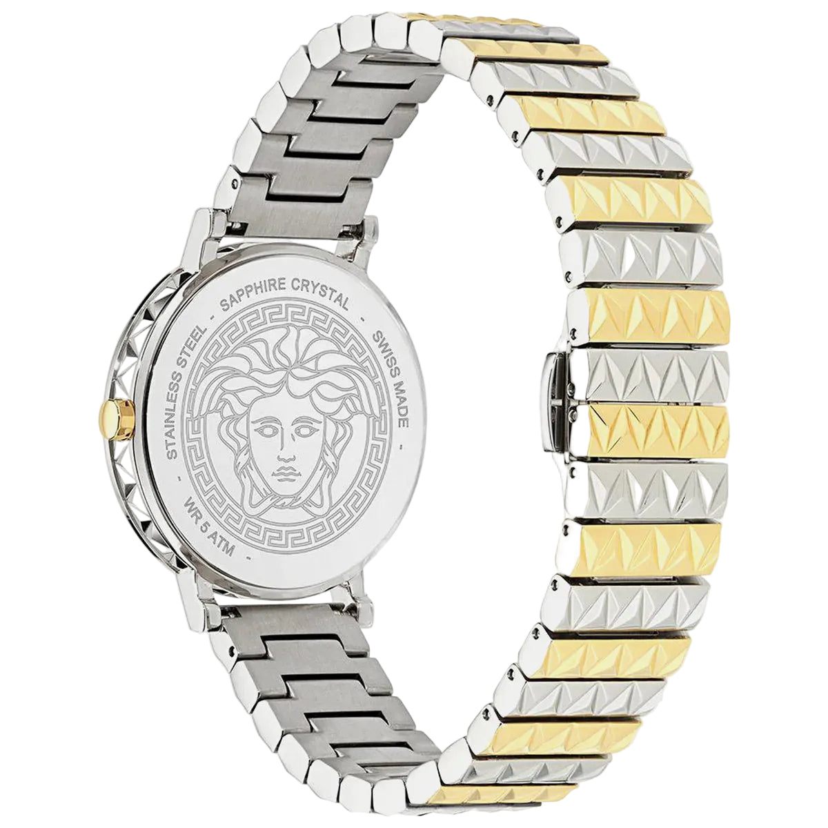 Two-tone silver and gold watch with brand emblem on a white background