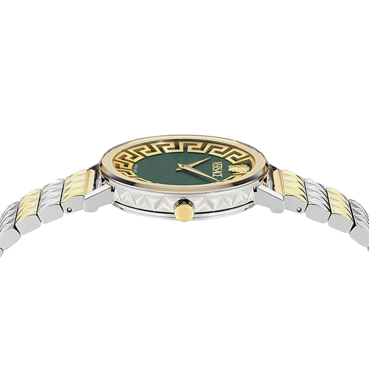 Watch with gold and silver band on a white background