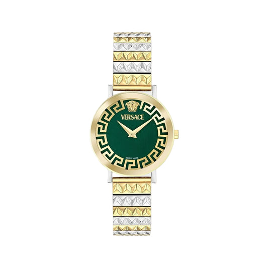 Versace watch with gold and silver band on a white background