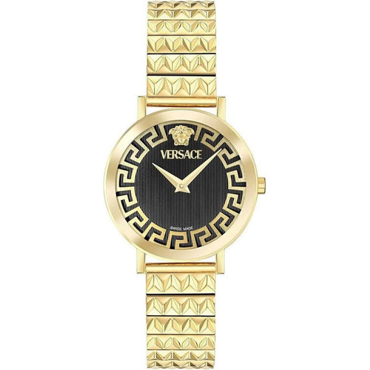 Gold Versace watch with black face on a white background
