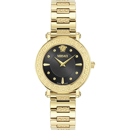 Gold Versace watch with black face on a white background