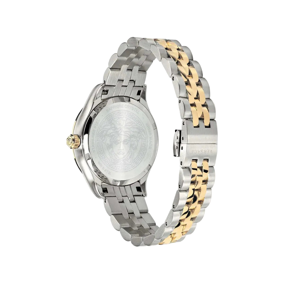 Two-tone silver and gold watch on a light gray background