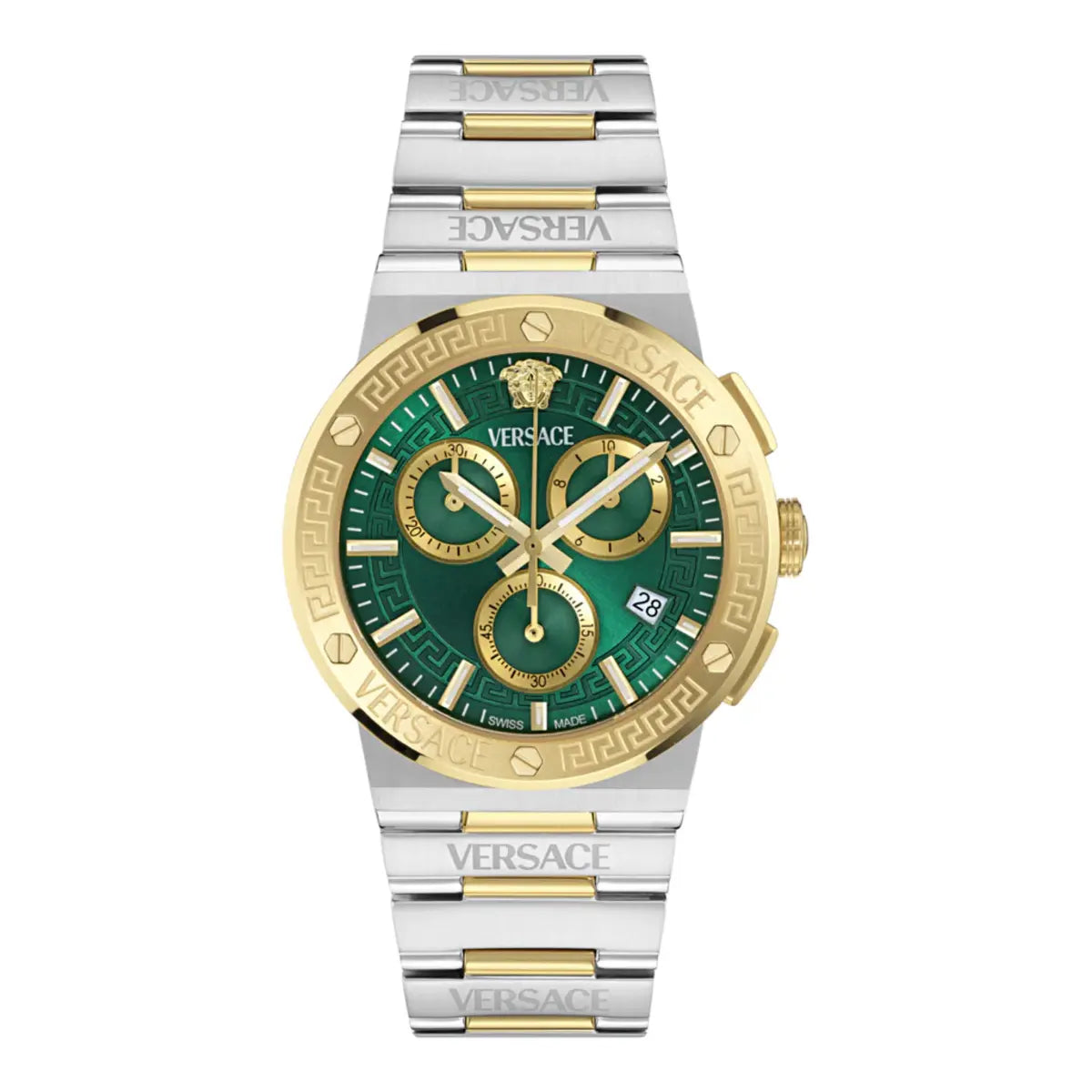 Versace watch with green face and gold accents on a white background