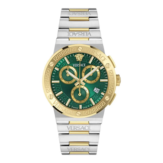Versace watch with green face and gold accents on a white background