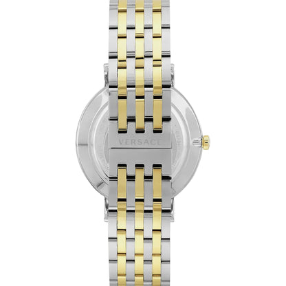 Versace watch with two-tone gold and silver bracelet on a white background
