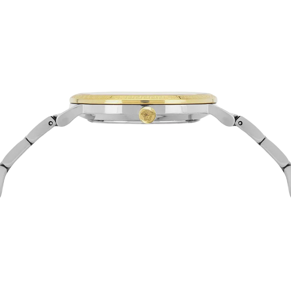 Gold and silver watch on a light gray background