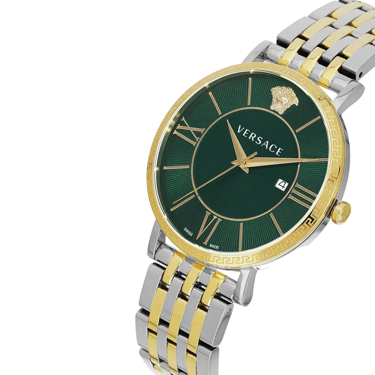 Versace watch with green face and two-tone metal strap on a white background