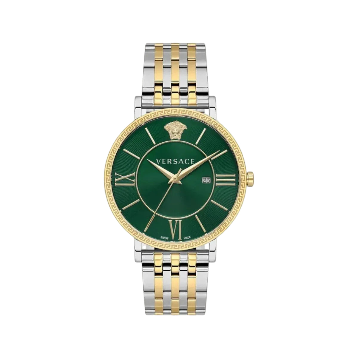 Versace watch with green dial and two-tone metal bracelet on a white background