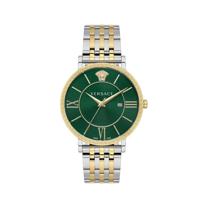 Versace watch with green dial and two-tone metal bracelet on a white background