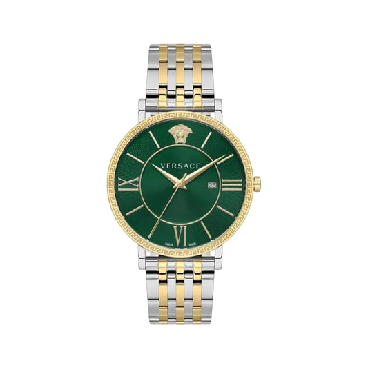 Versace watch with green dial and two-tone metal bracelet on a white background
