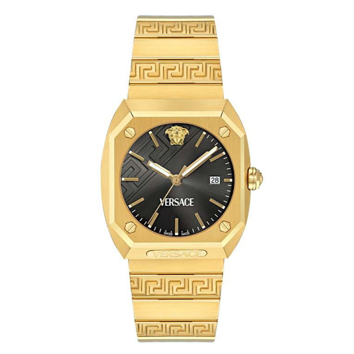 A VERSACE Antares men's watch with a black dial and gold stainless steel bracelet and case.