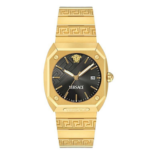 A VERSACE Antares men's watch with a black dial and gold stainless steel bracelet and case.