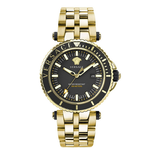A VERSACE V-Race black round dial quartz analog men's watch with a gold bracelet and black case.