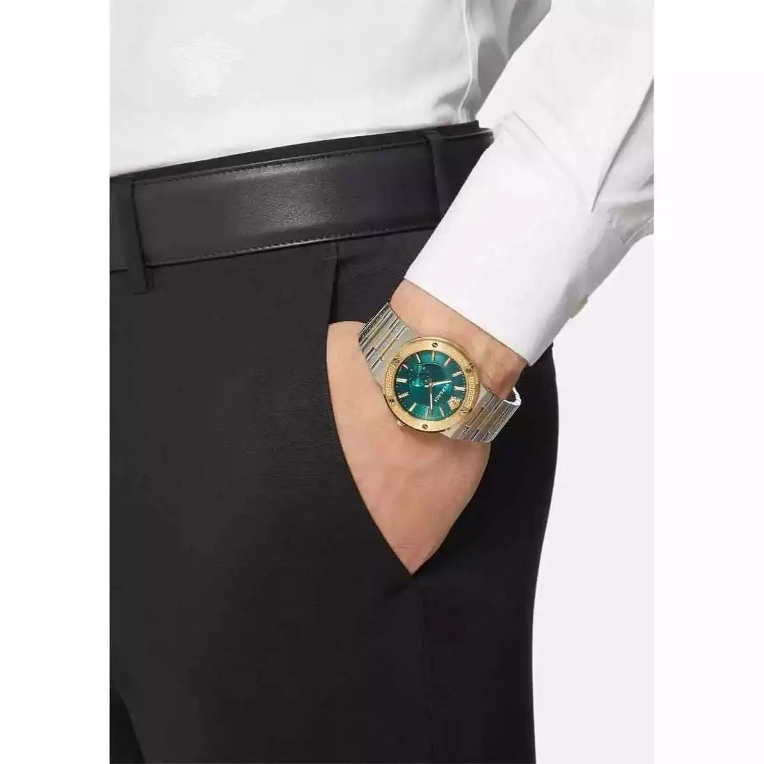 VEVI00420 Versace | Round Green Dial Greca Logo Watch (Men)