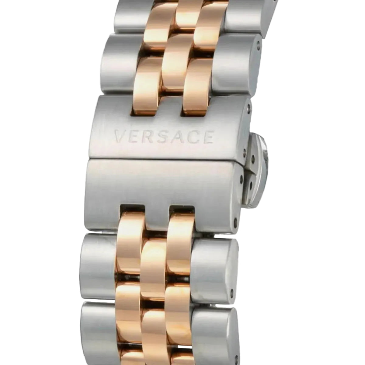 Versace watch with silver and rose gold band on a white background