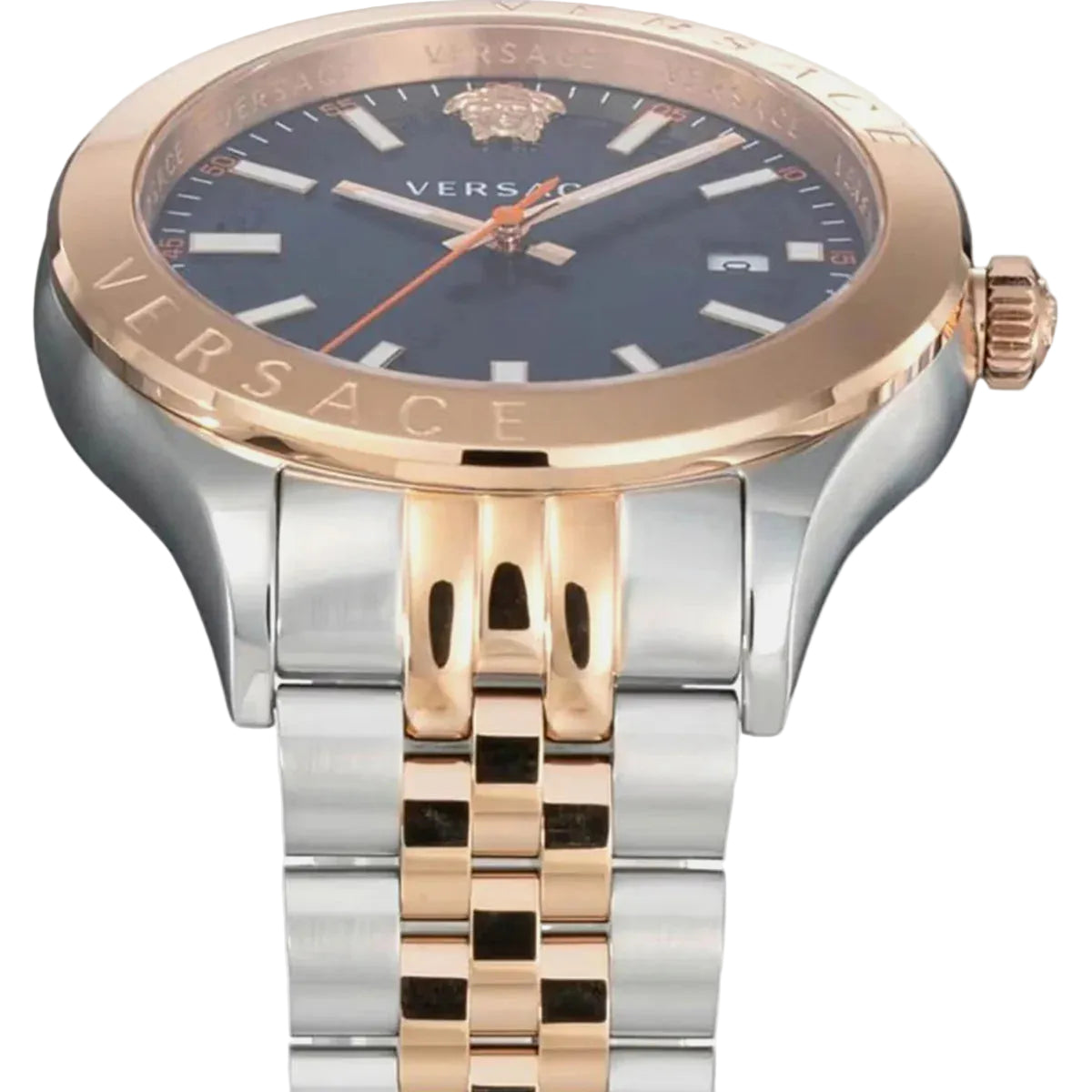 Versace watch with rose gold and silver band on a white background