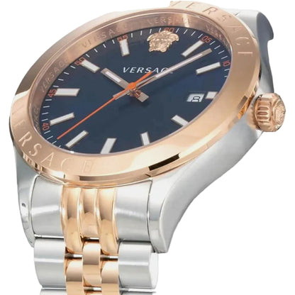 Versace watch with rose gold and silver band on a white background