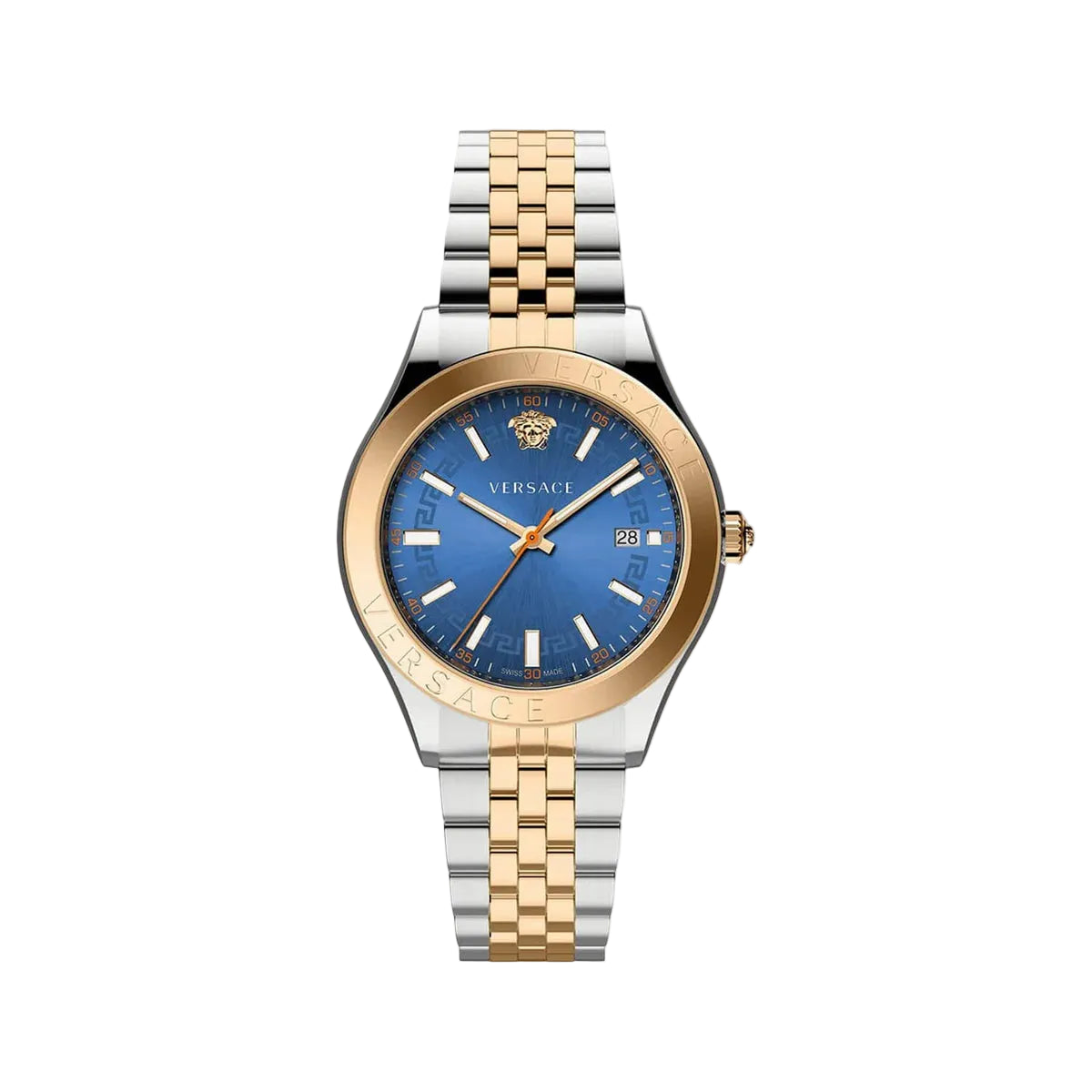 Versace watch with blue dial and two-tone metal bracelet on a white background