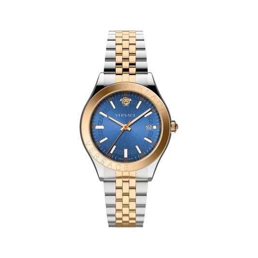 Versace watch with blue dial and two-tone metal bracelet on a white background