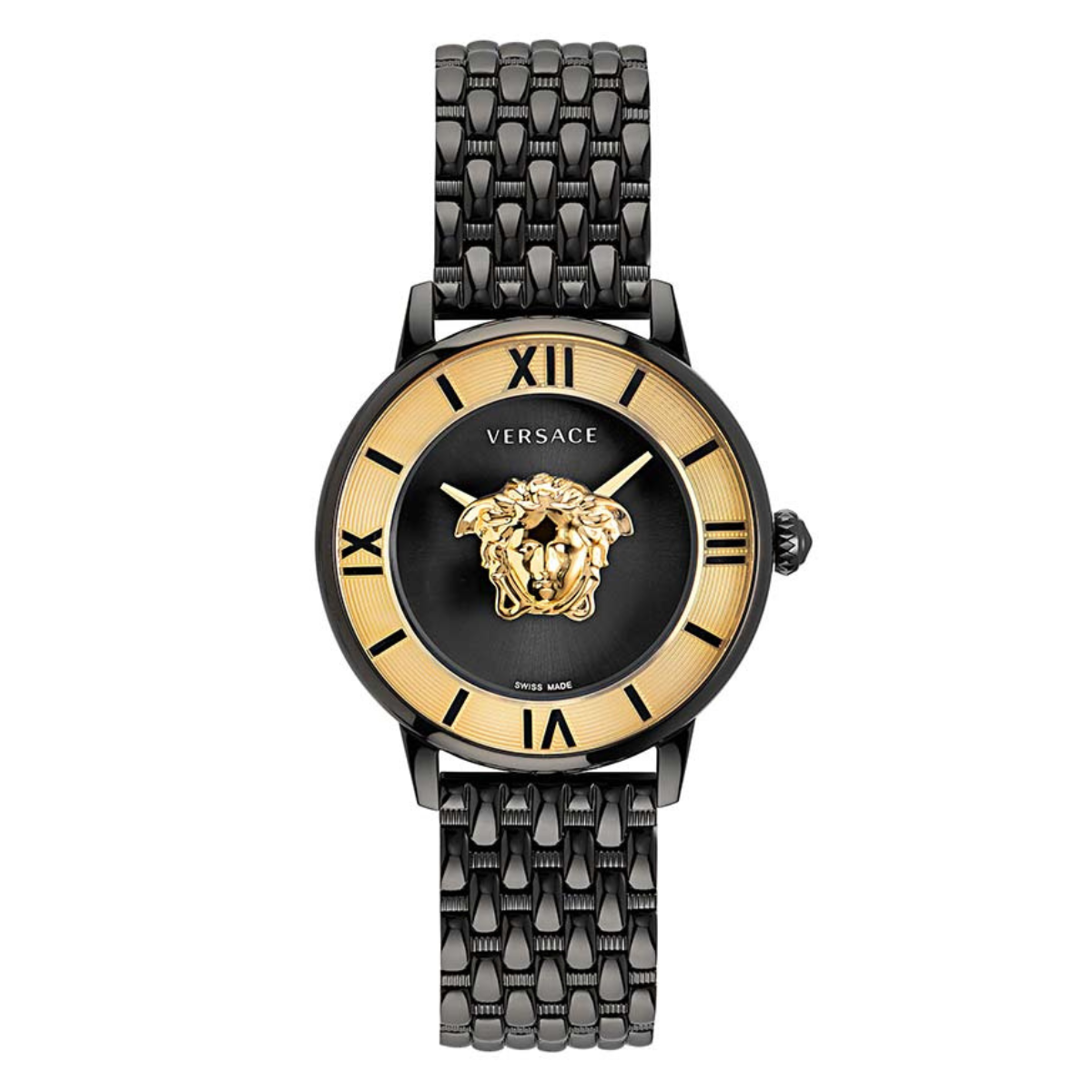 A Versace analog women's watch with a black dial featuring the Medusa head emblem in gold color, paired with a black gold-tone stainless steel bracelet.