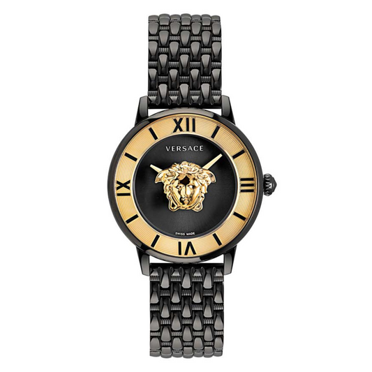 A Versace analog women's watch with a black dial featuring the Medusa head emblem in gold color, paired with a black gold-tone stainless steel bracelet.