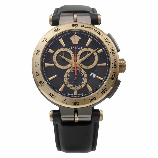 A Versace Aion Chronograph watch with a black round dial, gold-tone stainless steel case, and a black leather band.