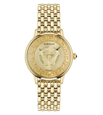 A Versace round gold dial analog women's watch with a gold-tone stainless steel bracelet and dial.