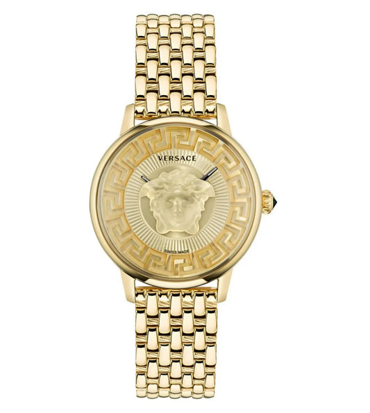 A Versace round gold dial analog women's watch with a gold-tone stainless steel bracelet and dial.