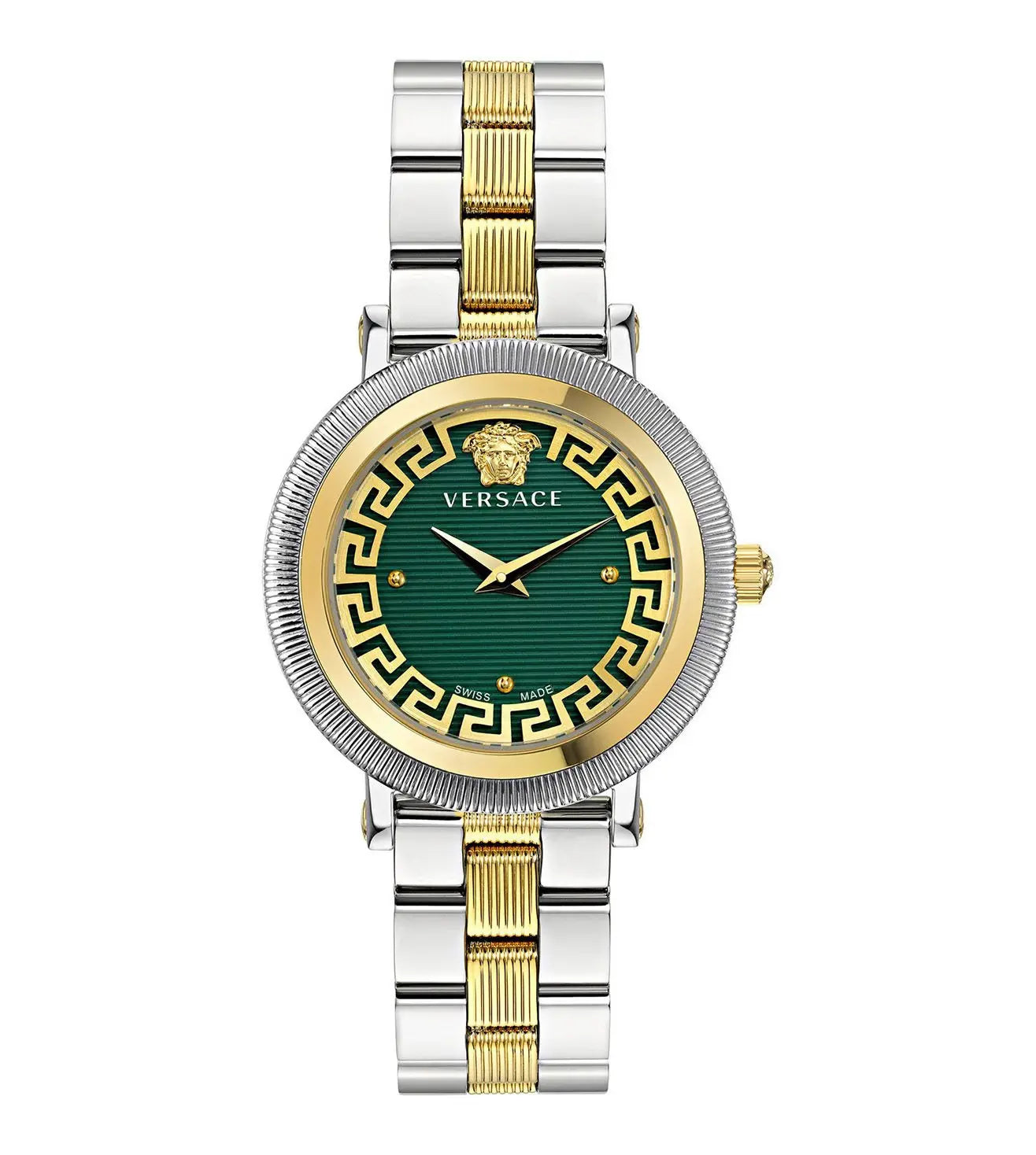 A Versace Greca Flourish analog women's watch with a gold-tone case and a green dial, featuring a metallic two-tone bracelet.
