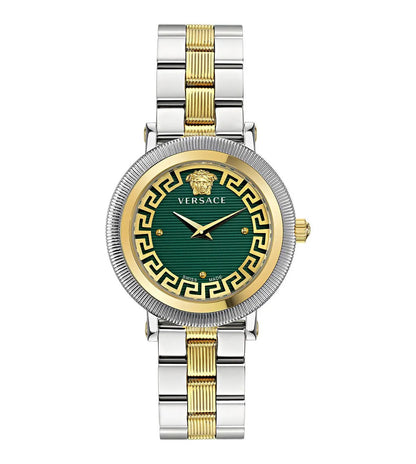 A Versace Greca Flourish analog women's watch with a gold-tone case and a green dial, featuring a metallic two-tone bracelet.