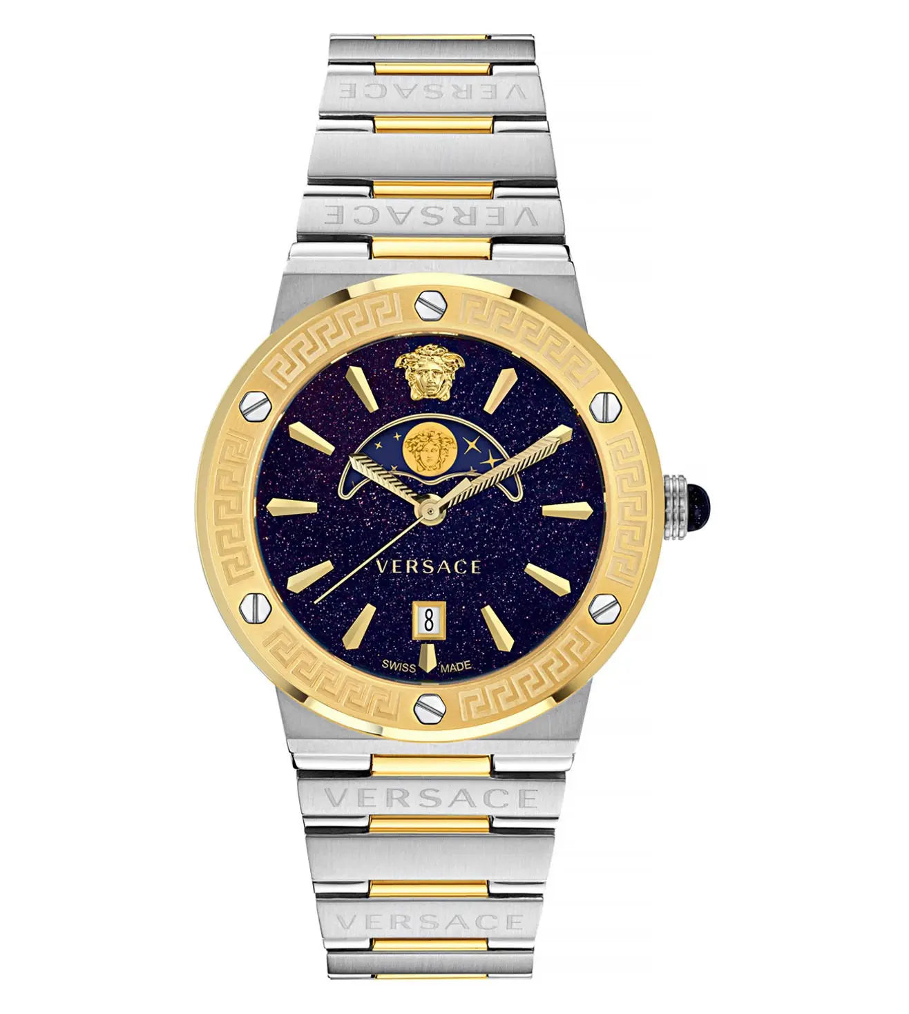 A Versace Greca Logo moon phase analog watch with a black dial, gold-tone case, and a silver metal band.