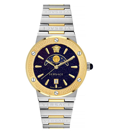 A Versace Greca Logo moon phase analog watch with a black dial, gold-tone case, and a silver metal band.