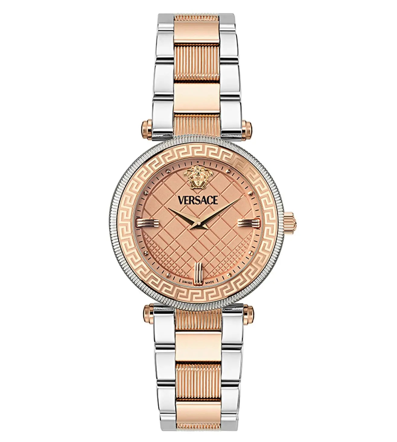 A Versace woman's watch with a rose gold dial and a gold-tone stainless steel bracelet.