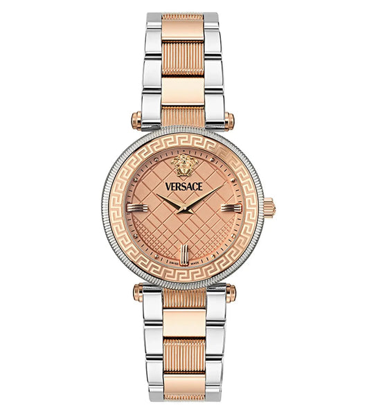 A Versace woman's watch with a rose gold dial and a gold-tone stainless steel bracelet.