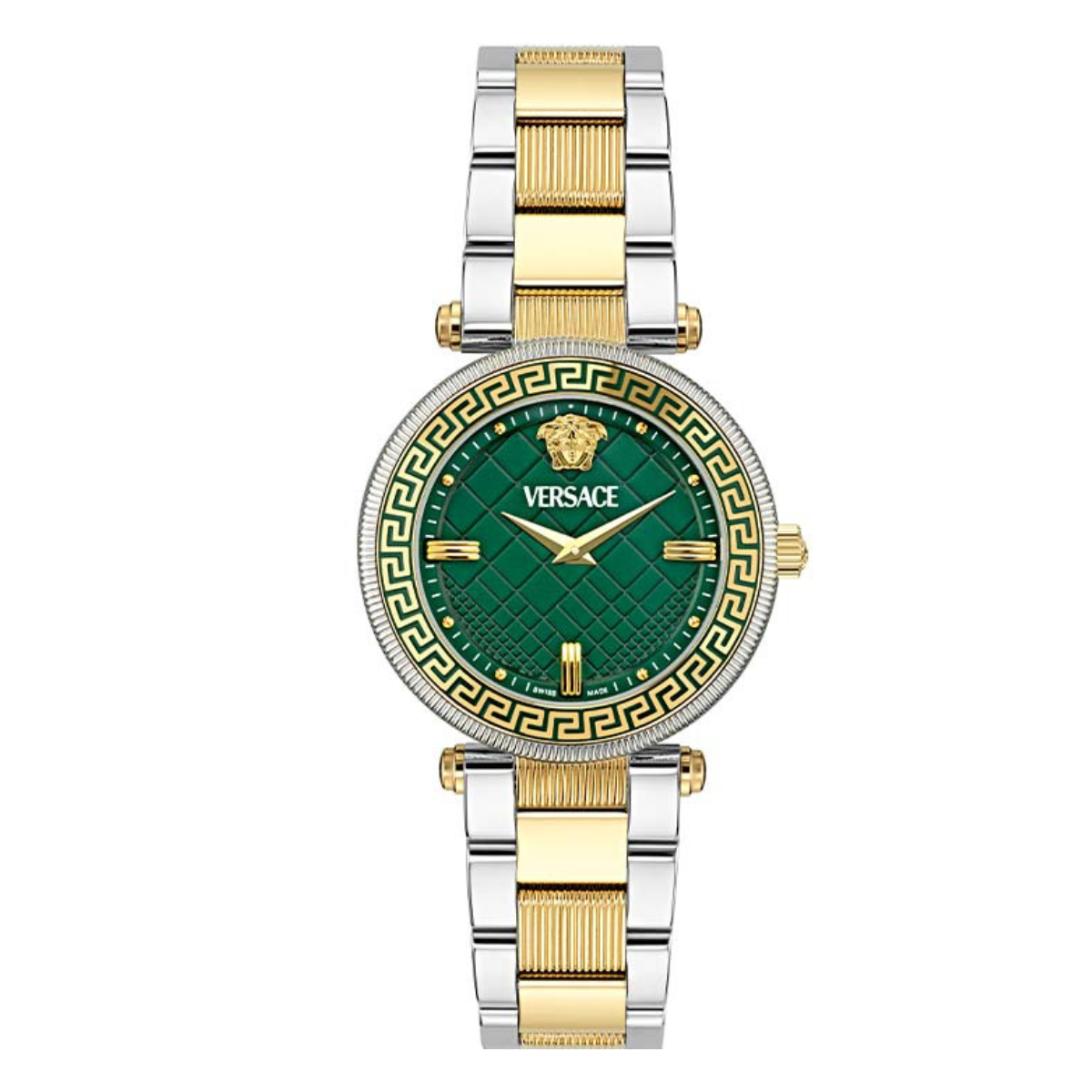 A Versace women's watch with a round green dial, gold-tone stainless steel case, and a silver bracelet.