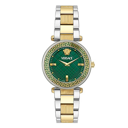 A Versace women's watch with a round green dial, gold-tone stainless steel case, and a silver bracelet.