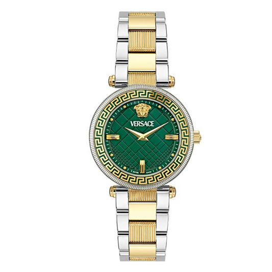 A Versace women's watch with a round green dial, gold-tone stainless steel case, and a silver bracelet.