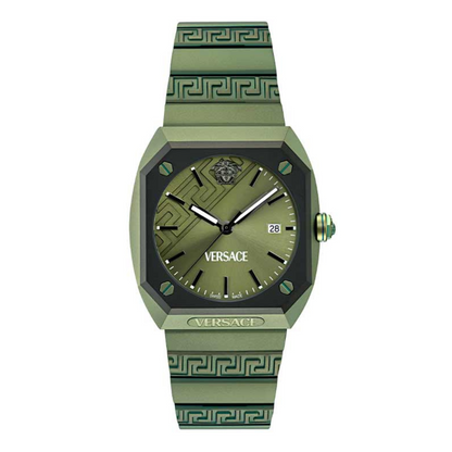 A Versace Antares green dial watch with a stainless steel band and case, featuring a green Greek key pattern on the bracelet and a branded dial.