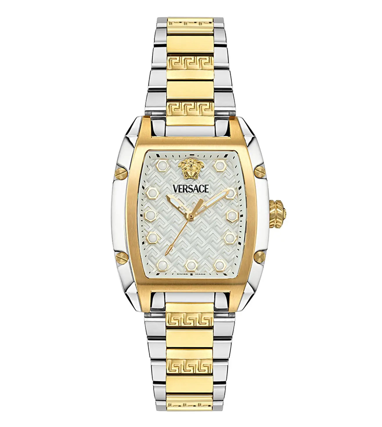 A Versace Square White Dial Analog Women's Watch with a gold-tone stainless steel case and a white dial.