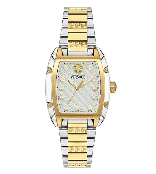 A Versace Square White Dial Analog Women's Watch with a gold-tone stainless steel case and a white dial.