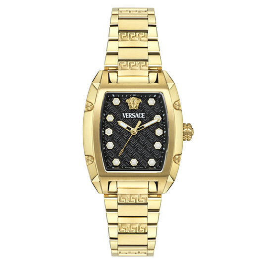 A Versace women's watch with a black dial and gold-tone stainless steel band and case.
