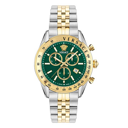 A Versace Chrono Master men's watch with a green dial and a silver and gold stainless steel bracelet.