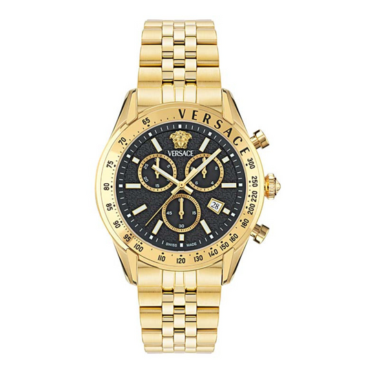 A Versace Chrono Master watch with a black dial and gold-tone stainless steel band and casing.