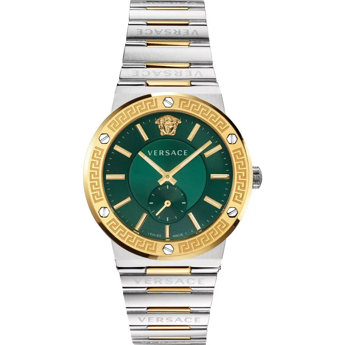 A Versace men's watch with a green dial and gold-tone case, featuring the Greca logo.