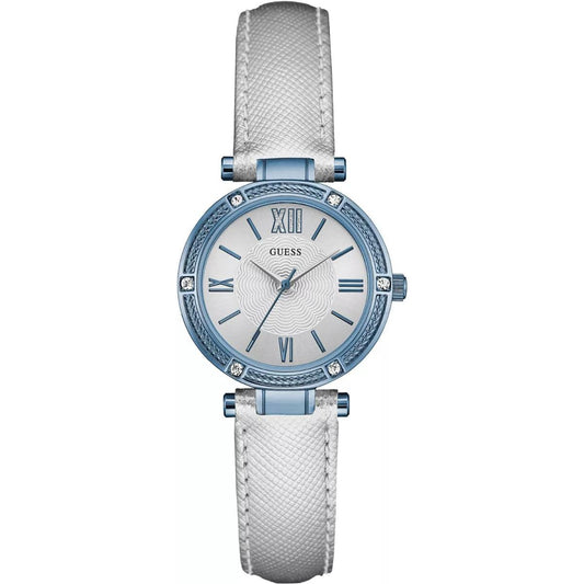 Guess watch with blue case and white strap on a white background