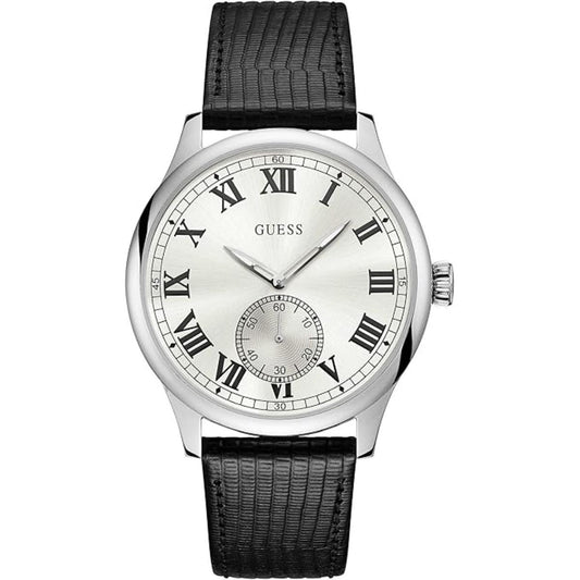 Black wristwatch with silver case and white dial on a white background