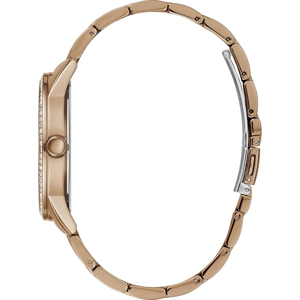 Rose gold watch case on a white background