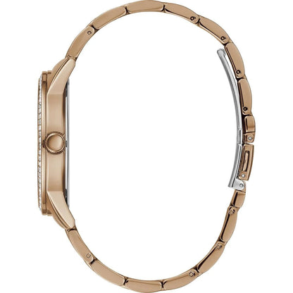 Rose gold watch case on a white background