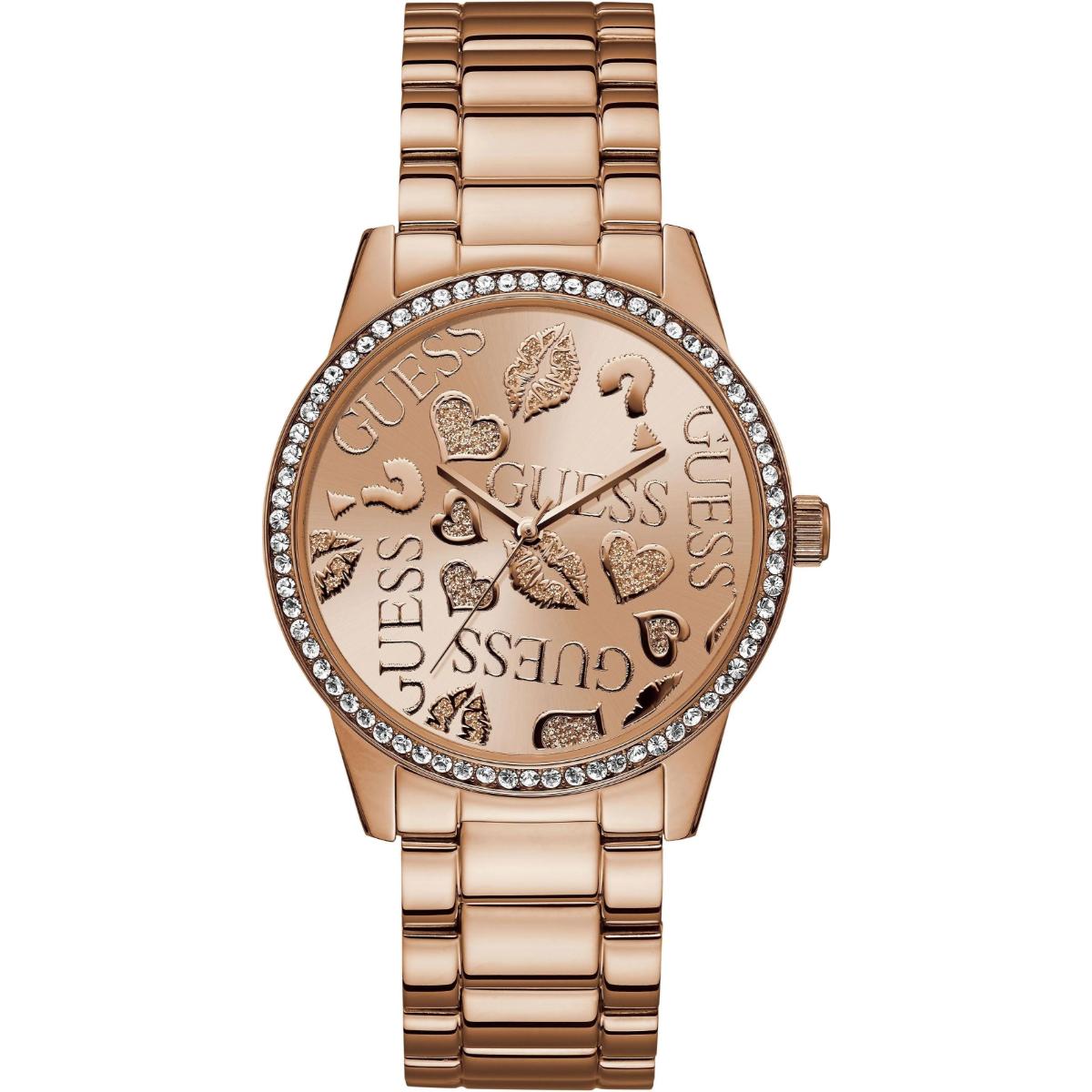 Rose gold watch with decorative face on a white background